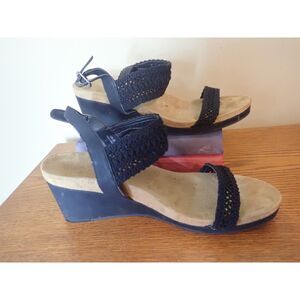 Lucky Brand Koenn Wedge Sandals Black 10 Sling Back Summer Heels Boho